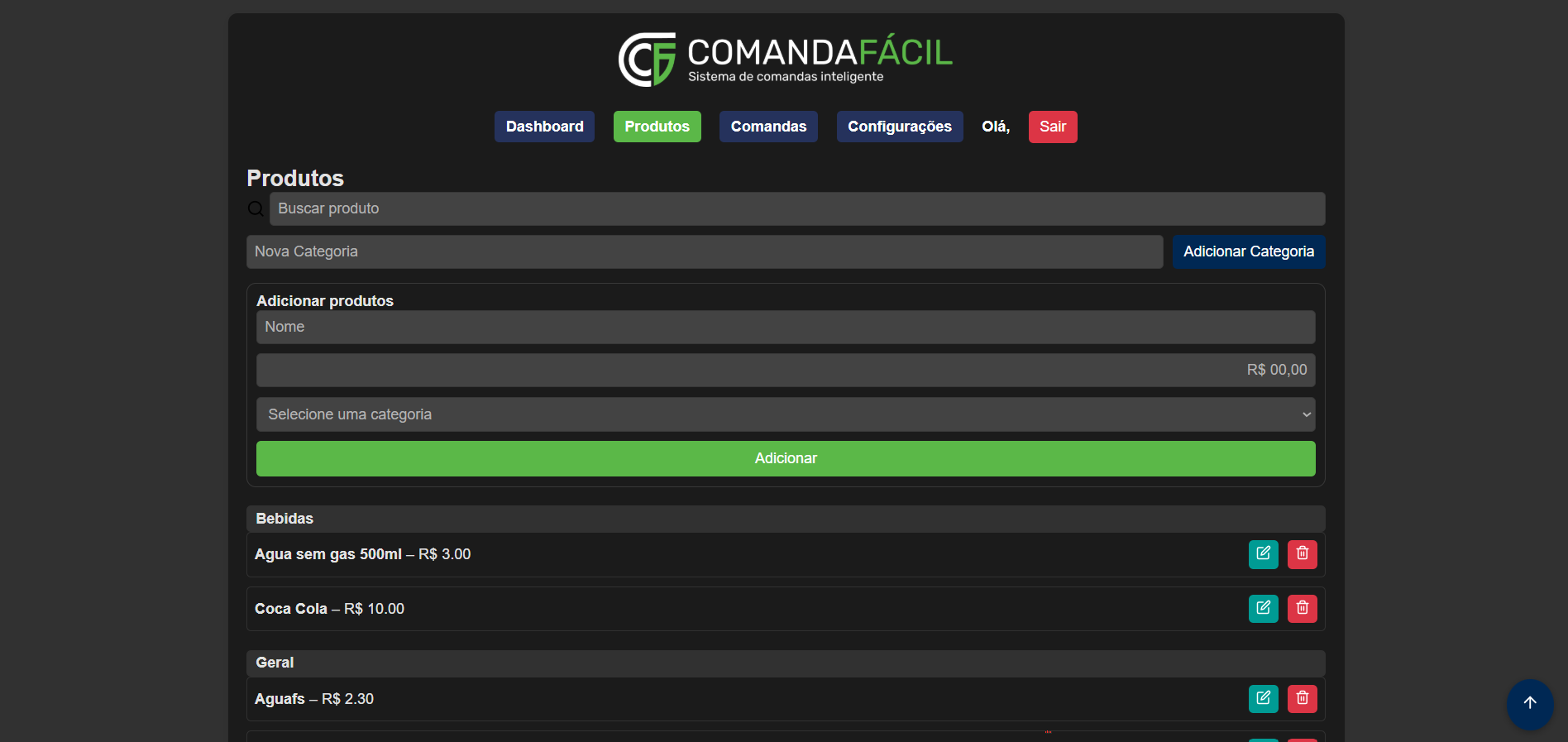 Cadastro de produtos