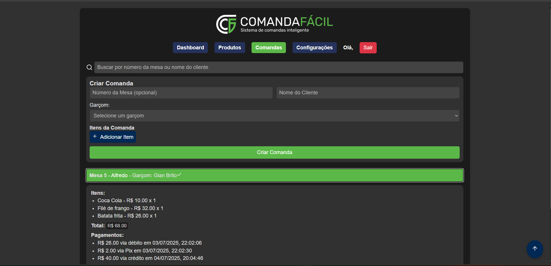 Criação de comandas