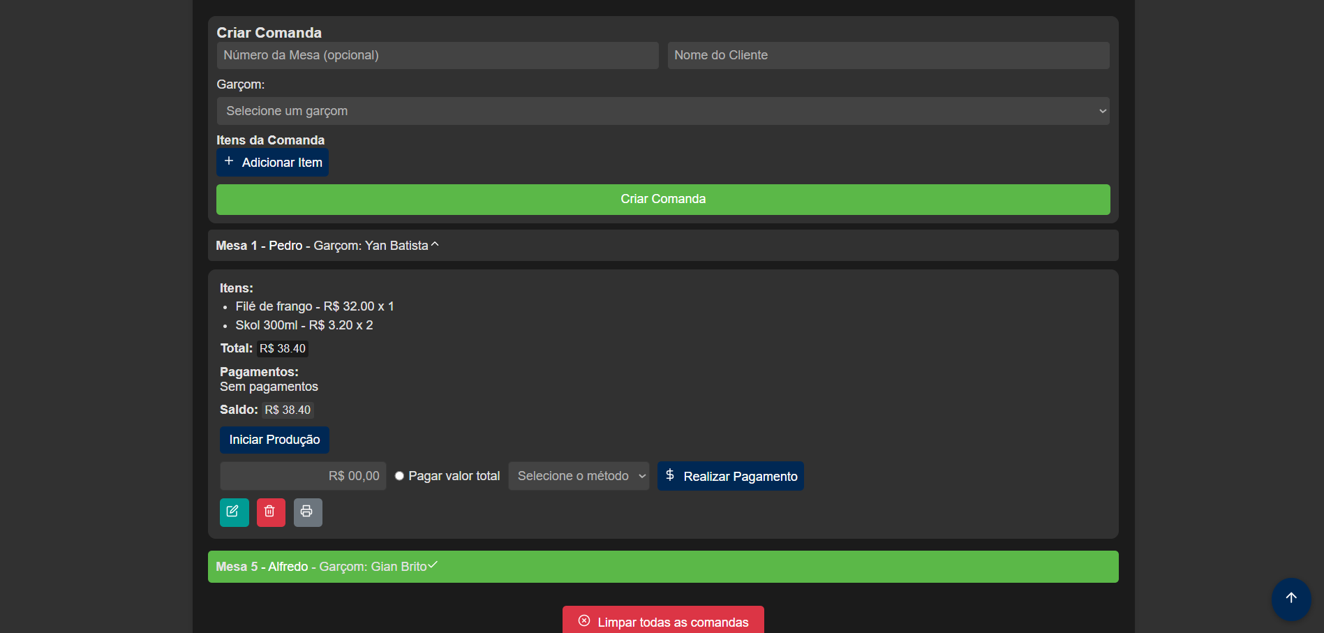 Criação de comandas